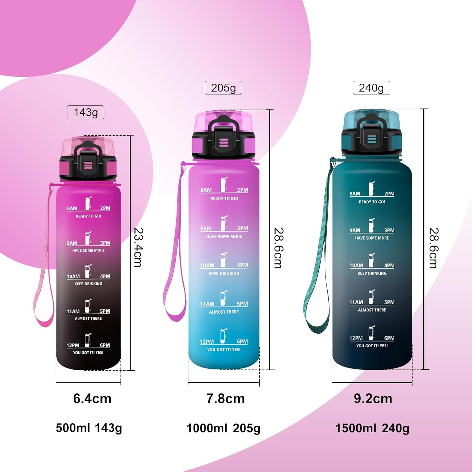 Gourde 1L, Bouteille d'eau avec Marqueur de Temps et Filtre, Étanche & Réutilisable, Bouteille pour Voyage, Randonnée, Cyclisme, Bureau