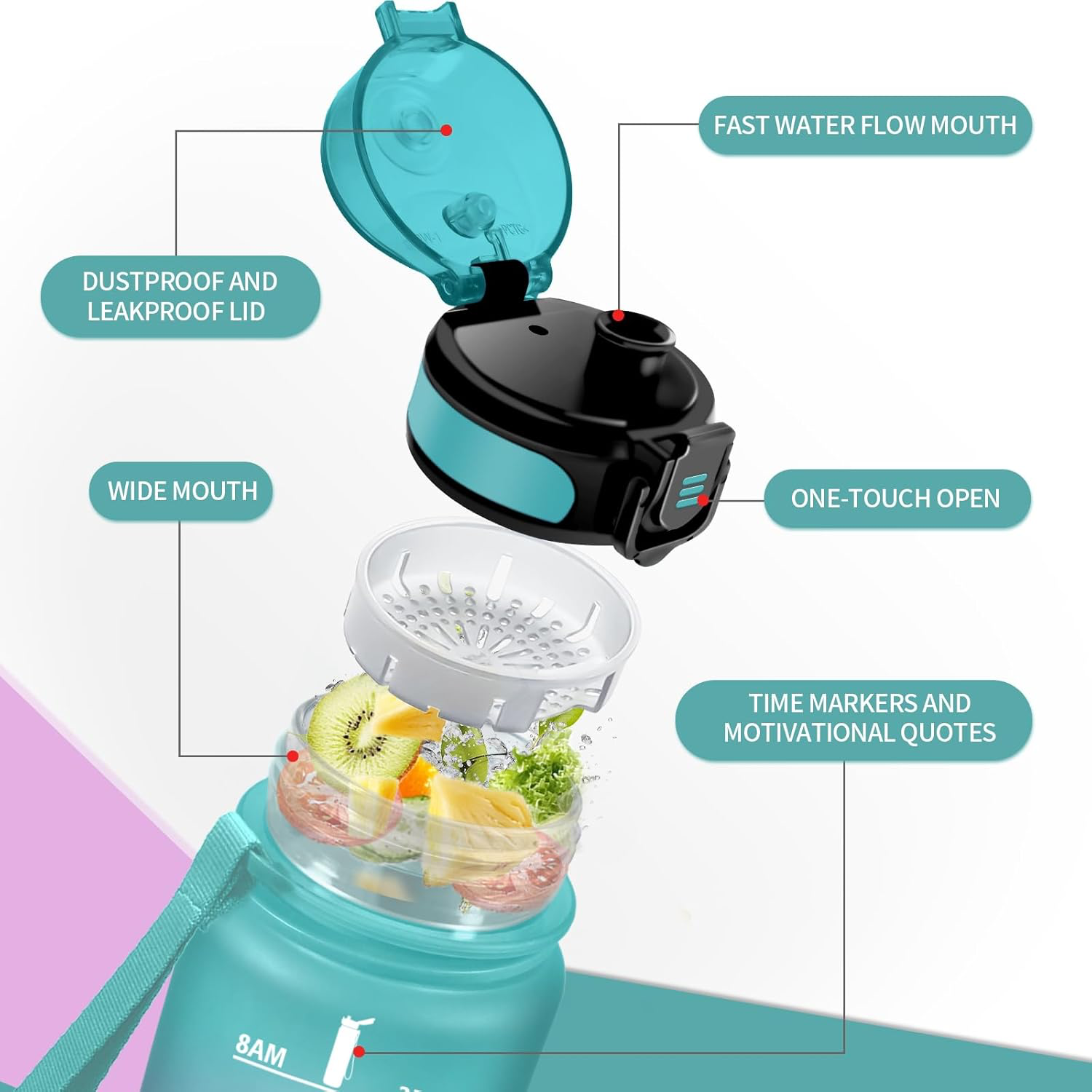 Bouteille d'eau Enfant 500ml, Gourde Marqueur de Temps, Étanche et Réutilisable, Gourde Motivation avec Filtre, Bouteille pour Enfant, Voyage, Yoga, Extérieur, Cyclisme, Bureau, Camping, Voyage