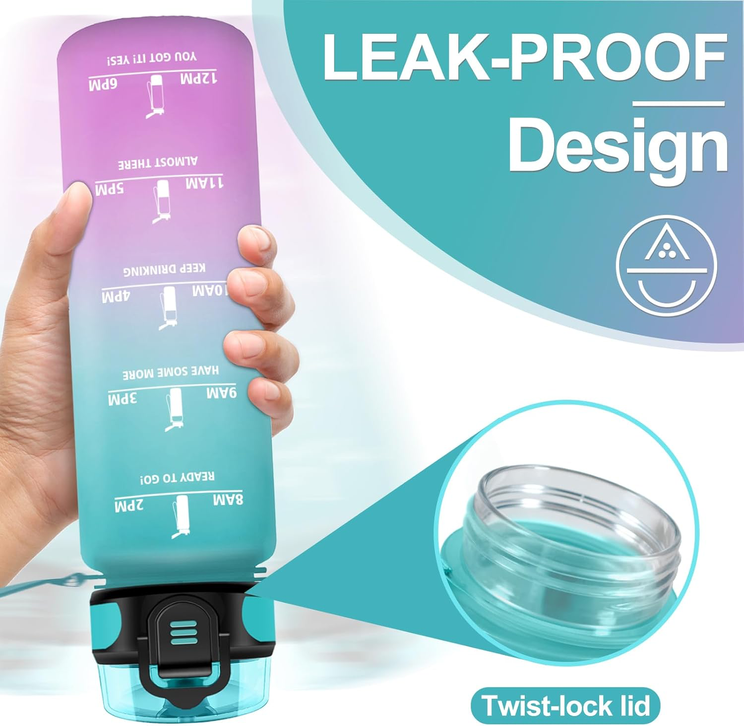 Bouteille d'eau Enfant 500ml, Gourde Marqueur de Temps, Étanche et Réutilisable, Gourde Motivation avec Filtre, Bouteille pour Enfant, Voyage, Yoga, Extérieur, Cyclisme, Bureau, Camping, Voyage