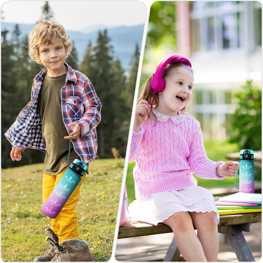Bouteille d'eau Enfant 500ml, Gourde Marqueur de Temps, Étanche et Réutilisable, Gourde Motivation avec Filtre, Bouteille pour Enfant, Voyage, Yoga, Extérieur, Cyclisme, Bureau, Camping, Voyage