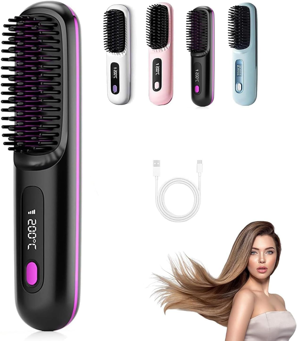 Brosse chauffante pour cheveux courts, brosse à lisser 3 niveaux de chauffage et écran LED et rechargeable via USB, légère et portable, pour coiffer les cheveux en voyage et à la maison