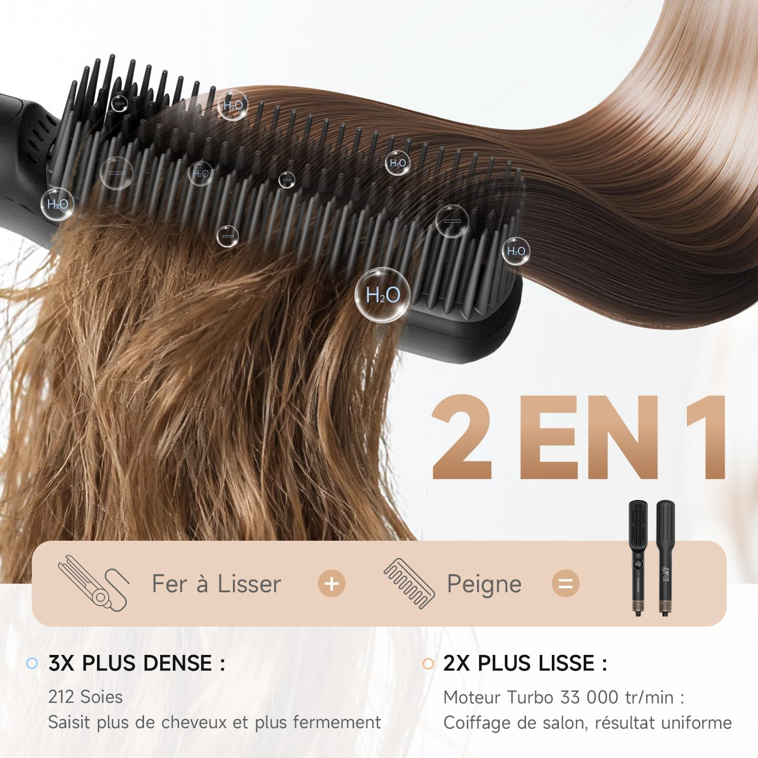 Brosse lissante pour cheveux, 7 Températures avec écran LCD, Plaques Aluminium Anti-Brûlure, Double Tension (100-240V), Pour Tous Types de Cheveux, Prise UE