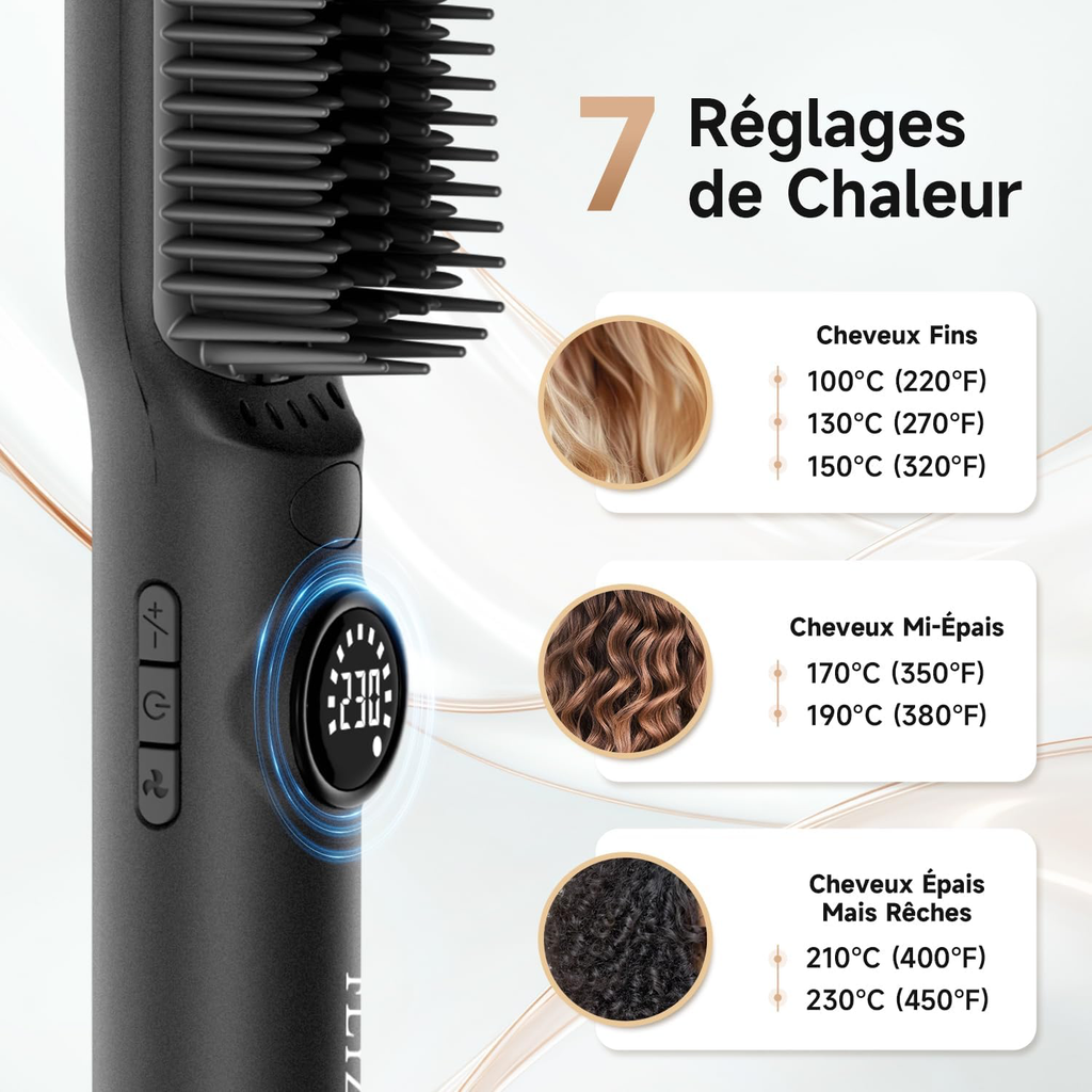Brosse lissante pour cheveux, 7 Températures avec écran LCD, Plaques Aluminium Anti-Brûlure, Double Tension (100-240V), Pour Tous Types de Cheveux, Prise UE