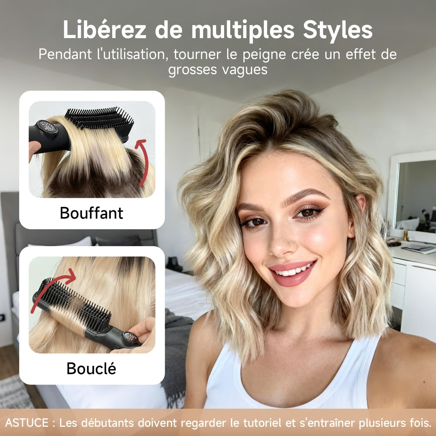 Brosse lissante pour cheveux, 7 Températures avec écran LCD, Plaques Aluminium Anti-Brûlure, Double Tension (100-240V), Pour Tous Types de Cheveux, Prise UE