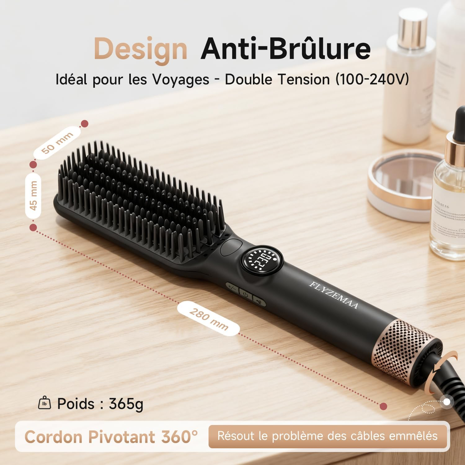 Brosse lissante pour cheveux, 7 Températures avec écran LCD, Plaques Aluminium Anti-Brûlure, Double Tension (100-240V), Pour Tous Types de Cheveux, Prise UE