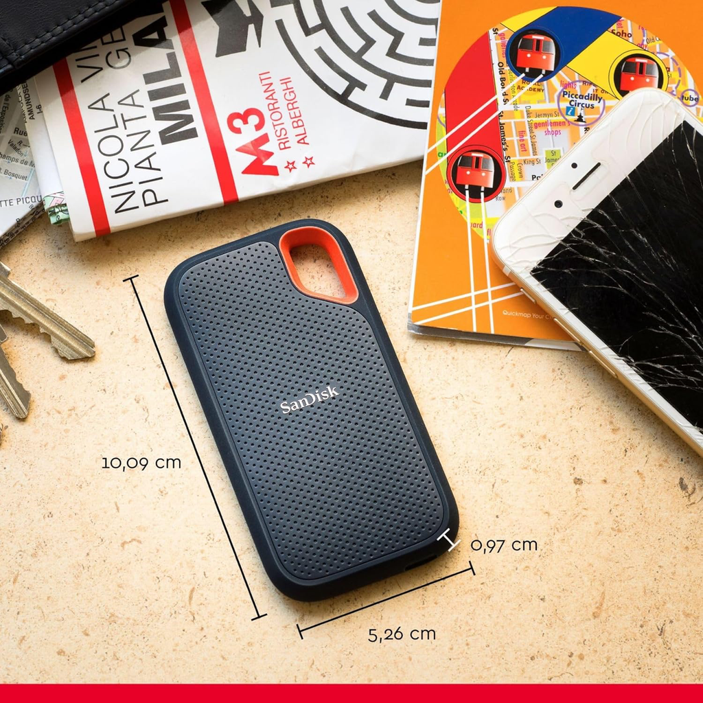 SanDisk Extreme Disque SSD Externe 500 Go (Portable NVMe SSD, jusqu'à 1050 Mo/s en lecture, 1000 Mo/s en écriture, USB-C, Résistance à la poussière et à l'eau classée IP65, Mousqueton pratique) Noir