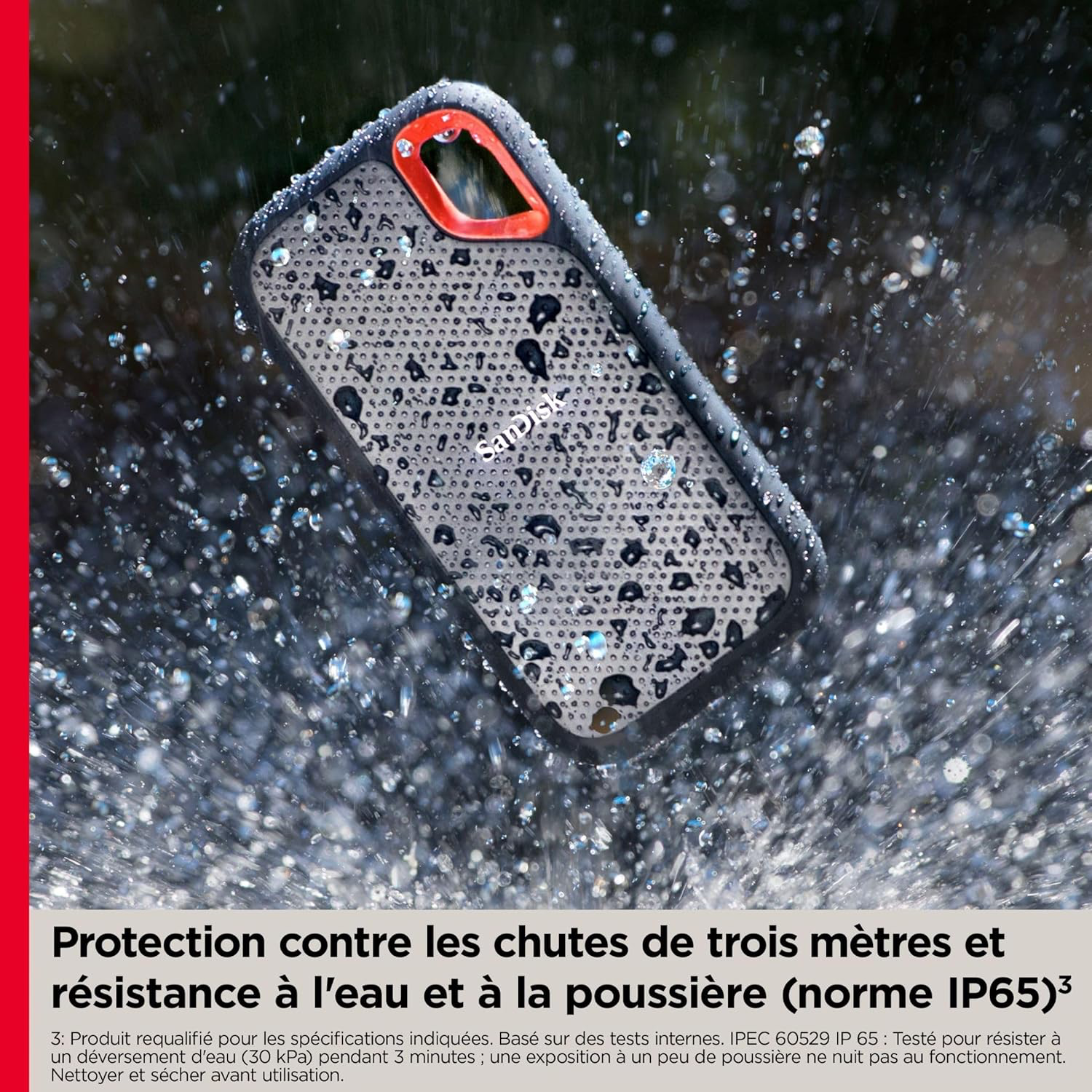 SanDisk Extreme Disque SSD Externe 500 Go (Portable NVMe SSD, jusqu'à 1050 Mo/s en lecture, 1000 Mo/s en écriture, USB-C, Résistance à la poussière et à l'eau classée IP65, Mousqueton pratique) Noir