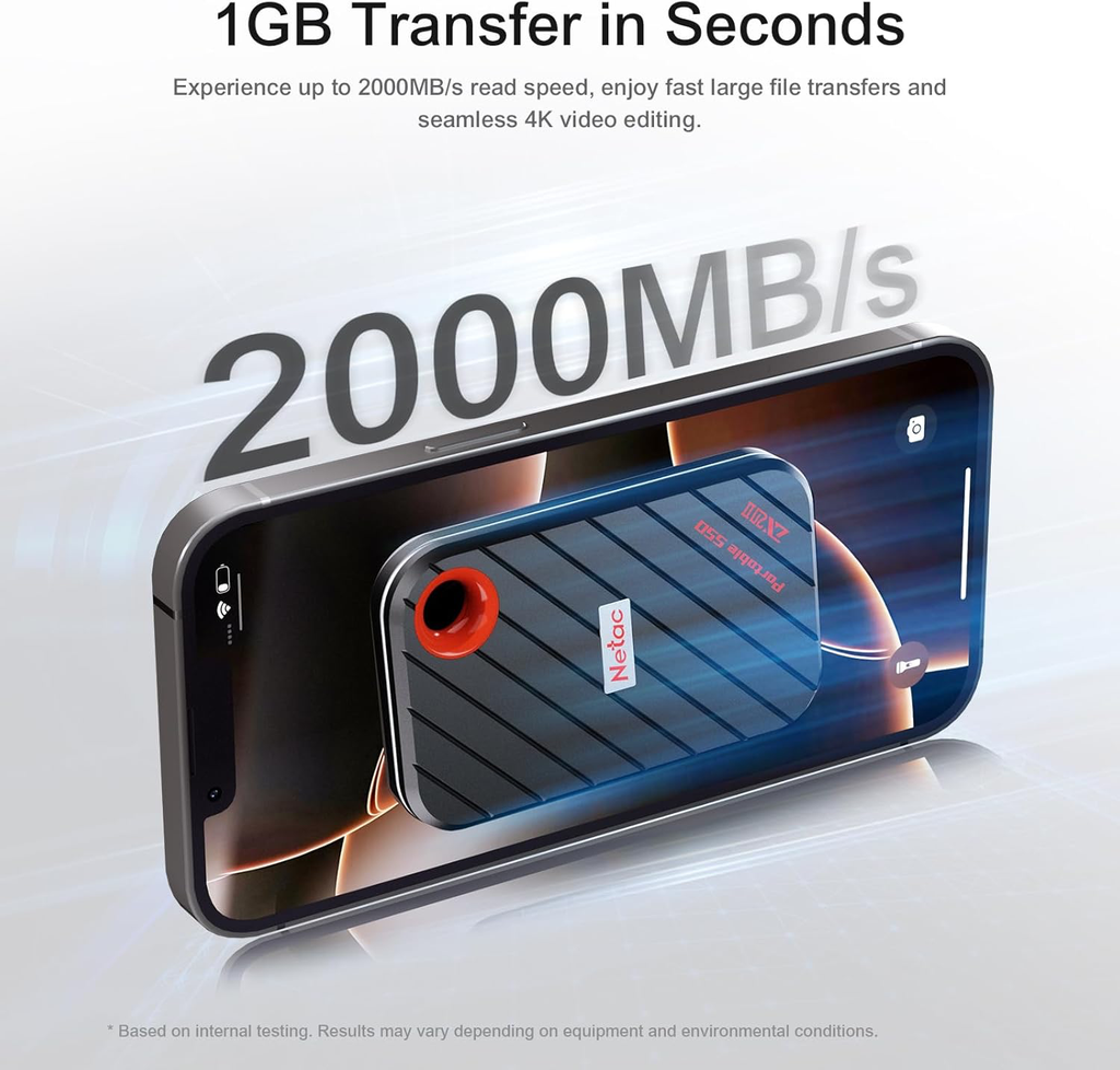 SSD Externe 2 to NVMe Portable SSD 2 to USB 3.2 Gen2 x 2, jusqu'à 2000 Mo/s en Lecture, disques durs externes à état Solide