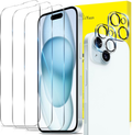Verre Trempé pour iPhone 15 avec 3 Pièces Protection Écran et 2 Pièces Caméra Arrière Protecteur [Vitre Protecteur 9H Dureté] [Sans Bulles] [Anti-rayures]