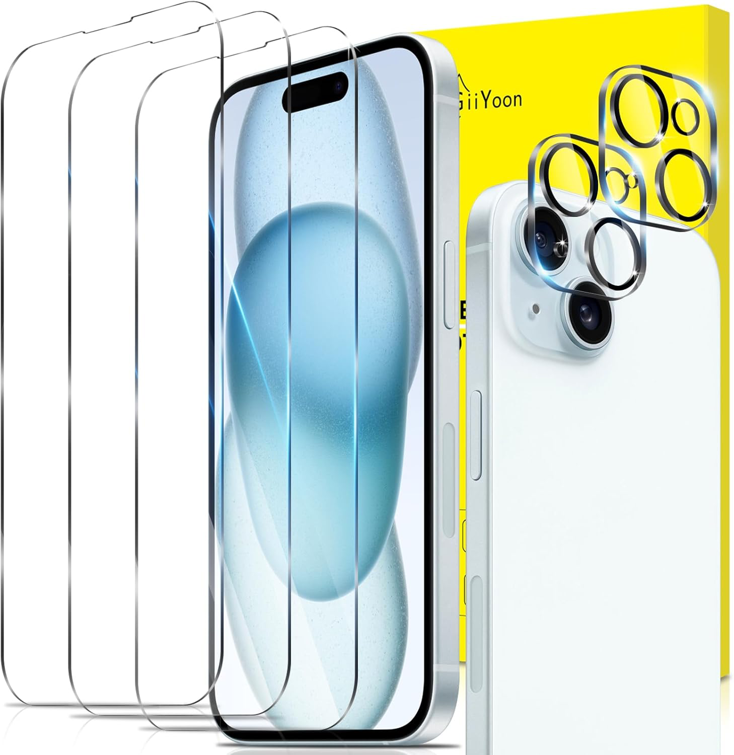 Verre Trempé pour iPhone 15 avec 3 Pièces Protection Écran et 2 Pièces Caméra Arrière Protecteur [Vitre Protecteur 9H Dureté] [Sans Bulles] [Anti-rayures]