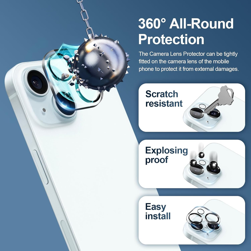 Verre Trempé pour iPhone 15 avec 3 Pièces Protection Écran et 2 Pièces Caméra Arrière Protecteur [Vitre Protecteur 9H Dureté] [Sans Bulles] [Anti-rayures]