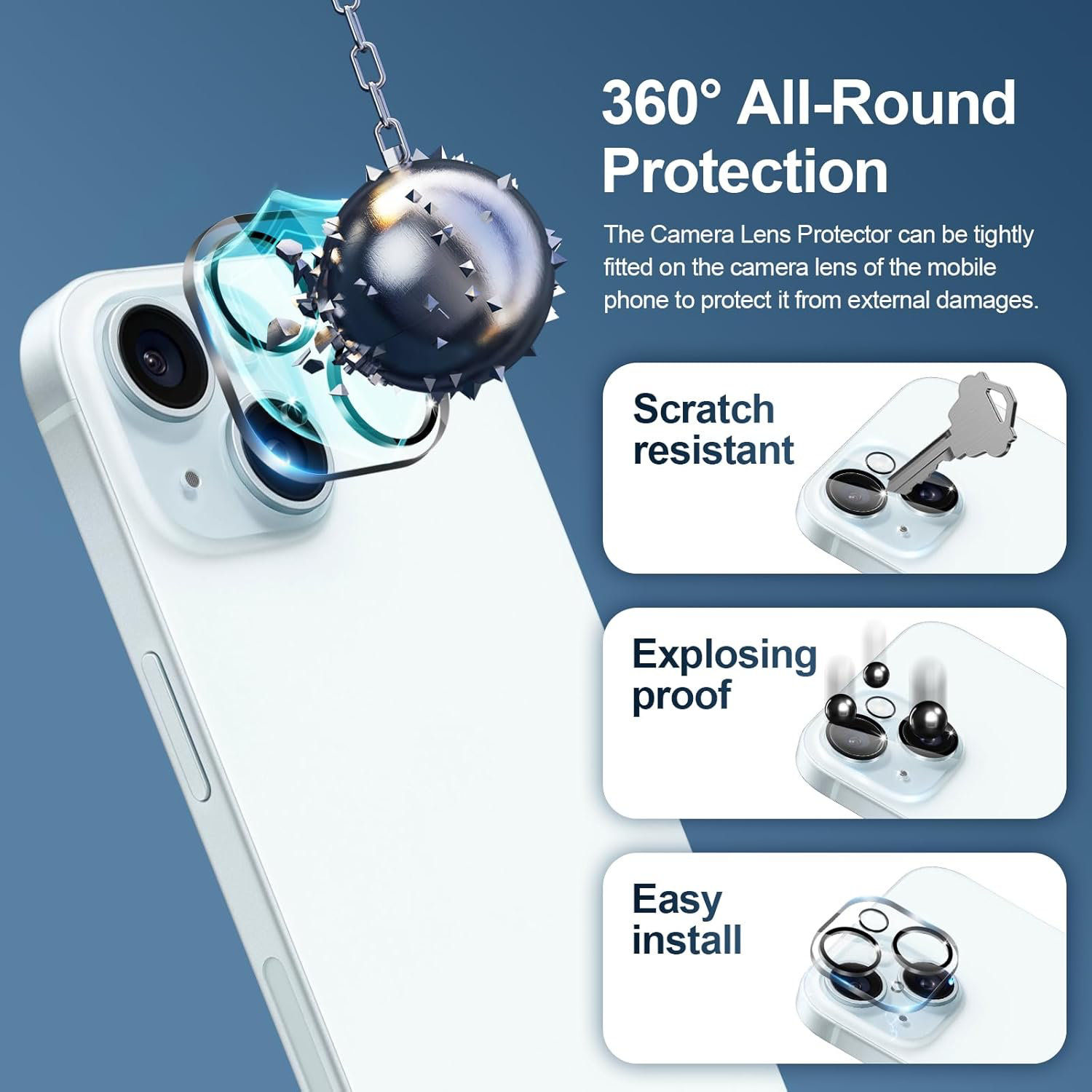 Verre Trempé pour iPhone 15 avec 3 Pièces Protection Écran et 2 Pièces Caméra Arrière Protecteur [Vitre Protecteur 9H Dureté] [Sans Bulles] [Anti-rayures]