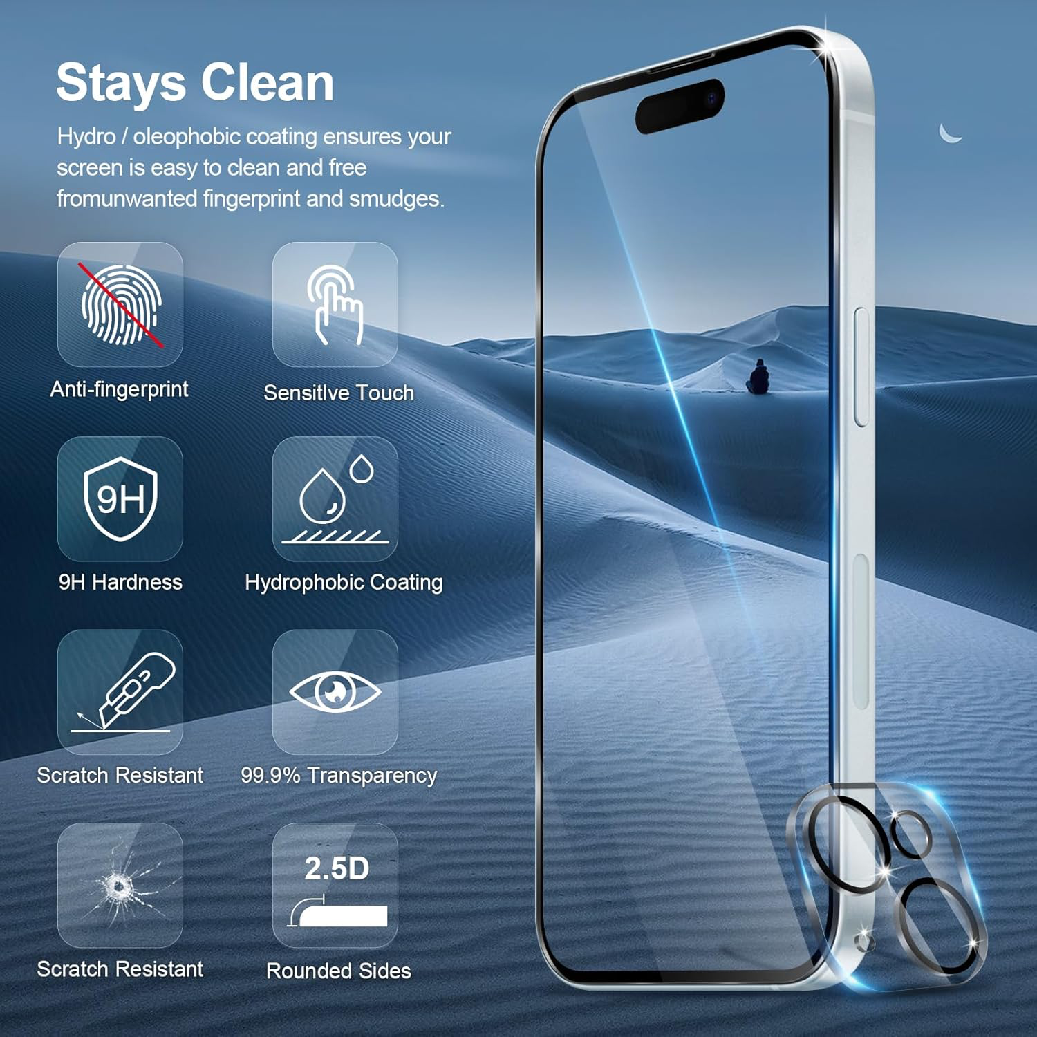 Verre Trempé pour iPhone 15 avec 3 Pièces Protection Écran et 2 Pièces Caméra Arrière Protecteur [Vitre Protecteur 9H Dureté] [Sans Bulles] [Anti-rayures]