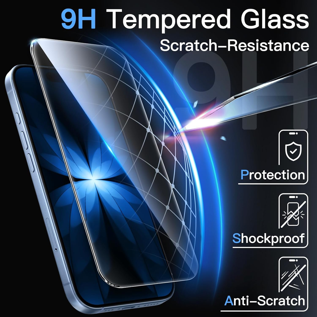 Protection D'écran pour iPhone 17 6,3 Pouces, Film en Verre Trempé avec Outil d'Installation Facile, Dureté 9H, Compatible avec les Coques, Lot de 3