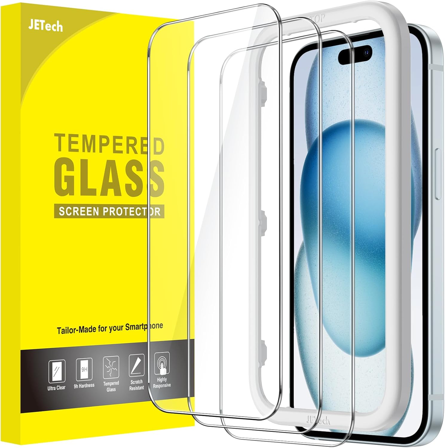Protection D'écran pour iPhone 15 Plus 6,7 Pouces, Film en Verre Trempé avec Outil d'Installation Facile, Compatible Coque, Transparent HD, Lot de 3