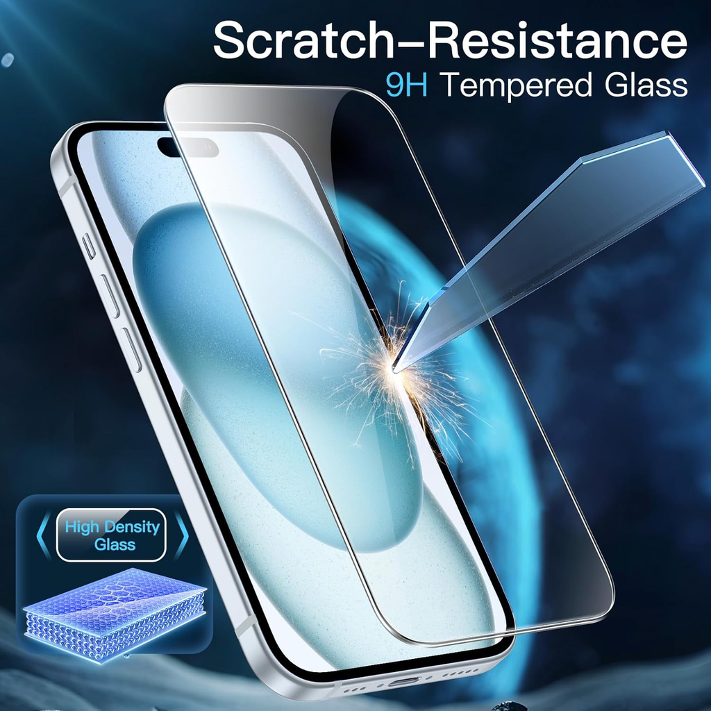 Protection D'écran pour iPhone 15 Plus 6,7 Pouces, Film en Verre Trempé avec Outil d'Installation Facile, Compatible Coque, Transparent HD, Lot de 3