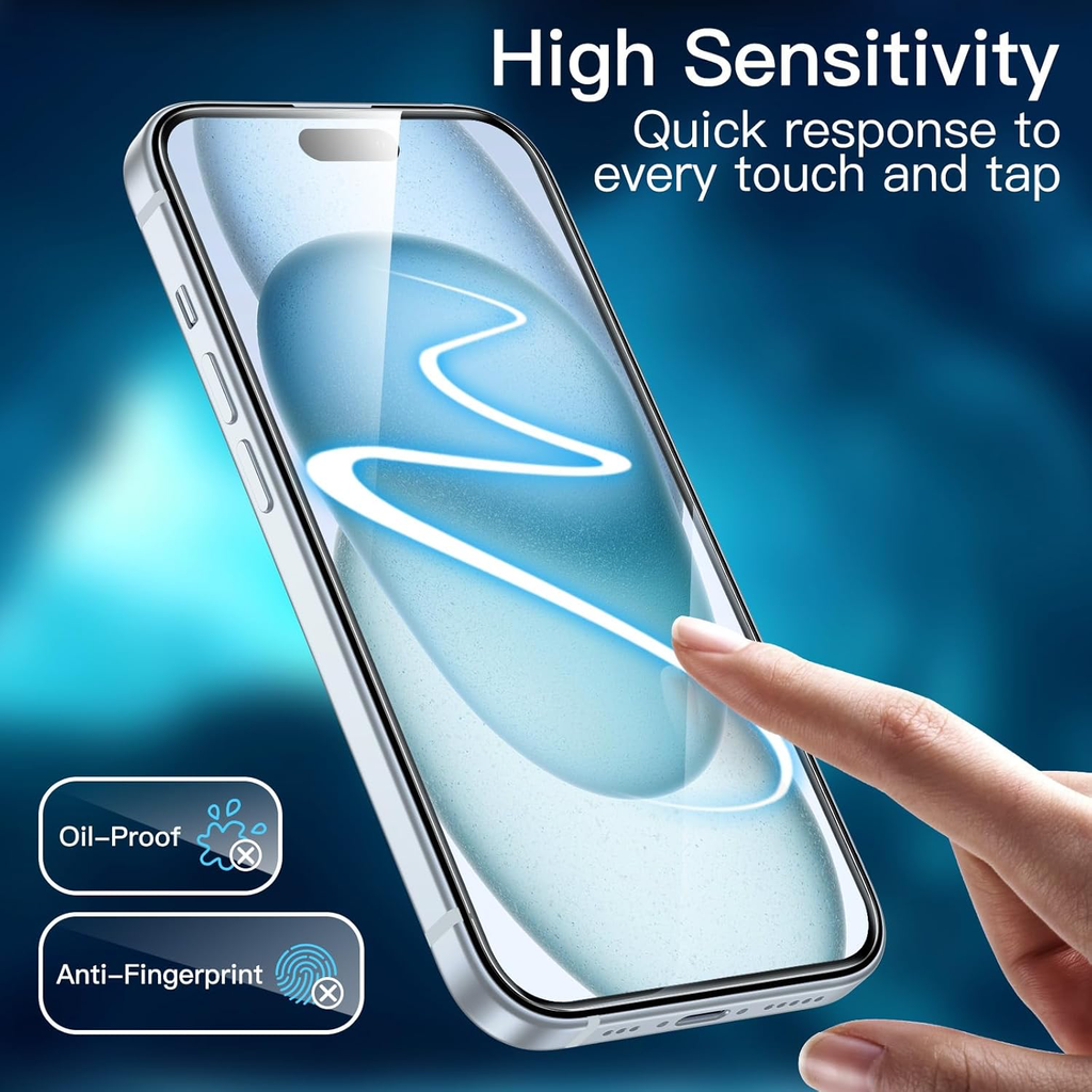 Protection D'écran pour iPhone 15 Plus 6,7 Pouces, Film en Verre Trempé avec Outil d'Installation Facile, Compatible Coque, Transparent HD, Lot de 3