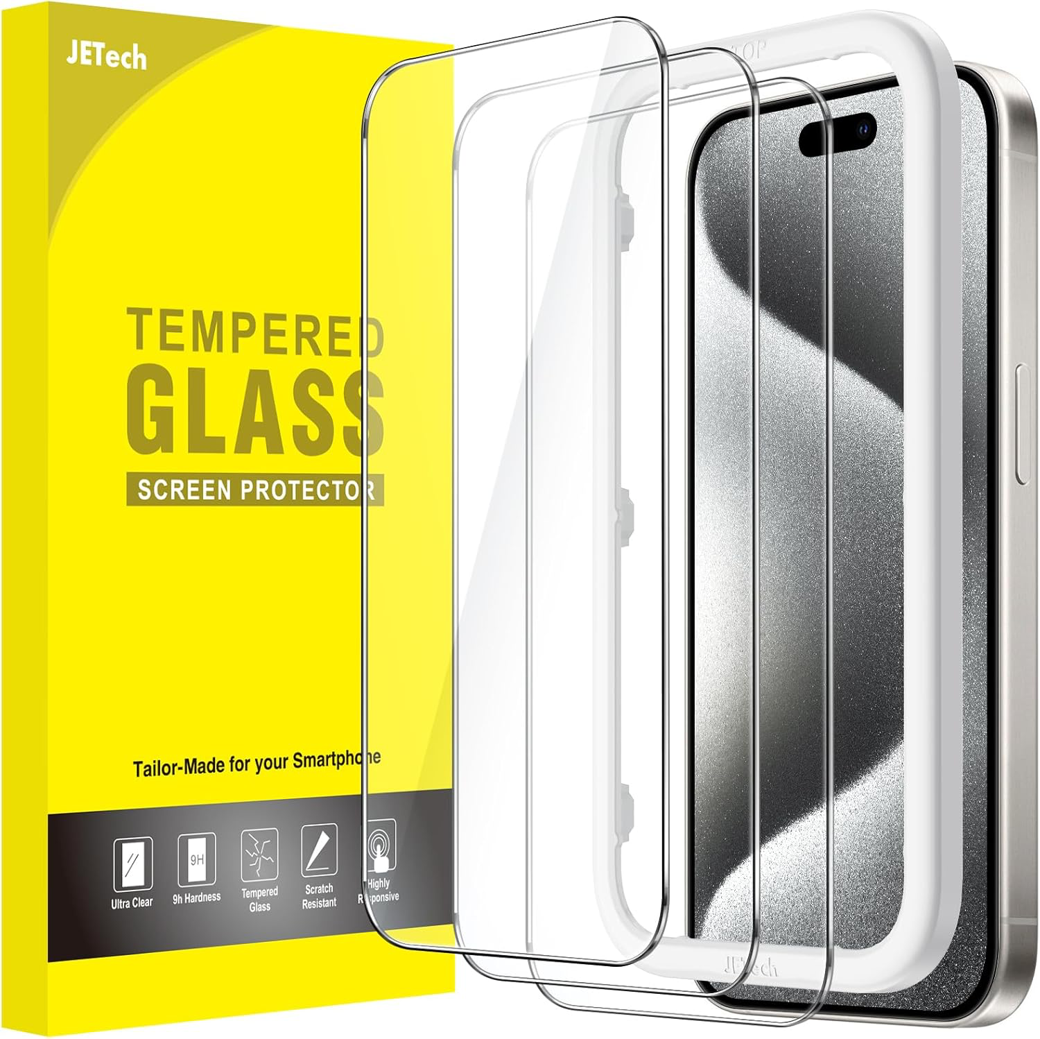Protection D'écran pour iPhone 15 Pro 6,1 Pouces, Film en Verre Trempé avec Outil d'Installation Facile, Compatible Coque, Transparent HD, Lot de 3