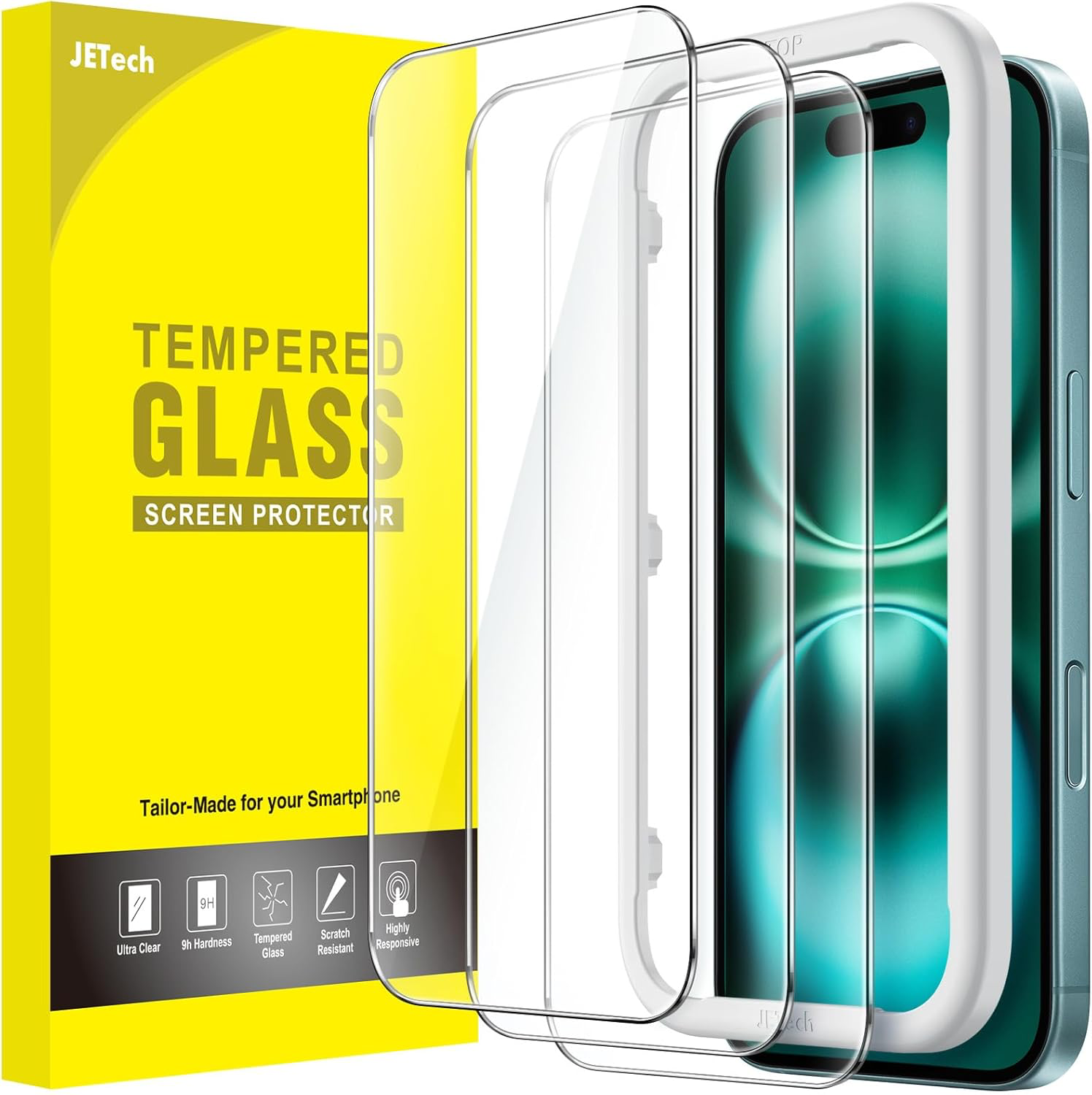 Protection D'écran pour iPhone 16 Plus 6,7 Pouces, Film en Verre Trempé avec Outil d'Installation Facile, Compatible Coque, Transparent HD, Lot de 3
