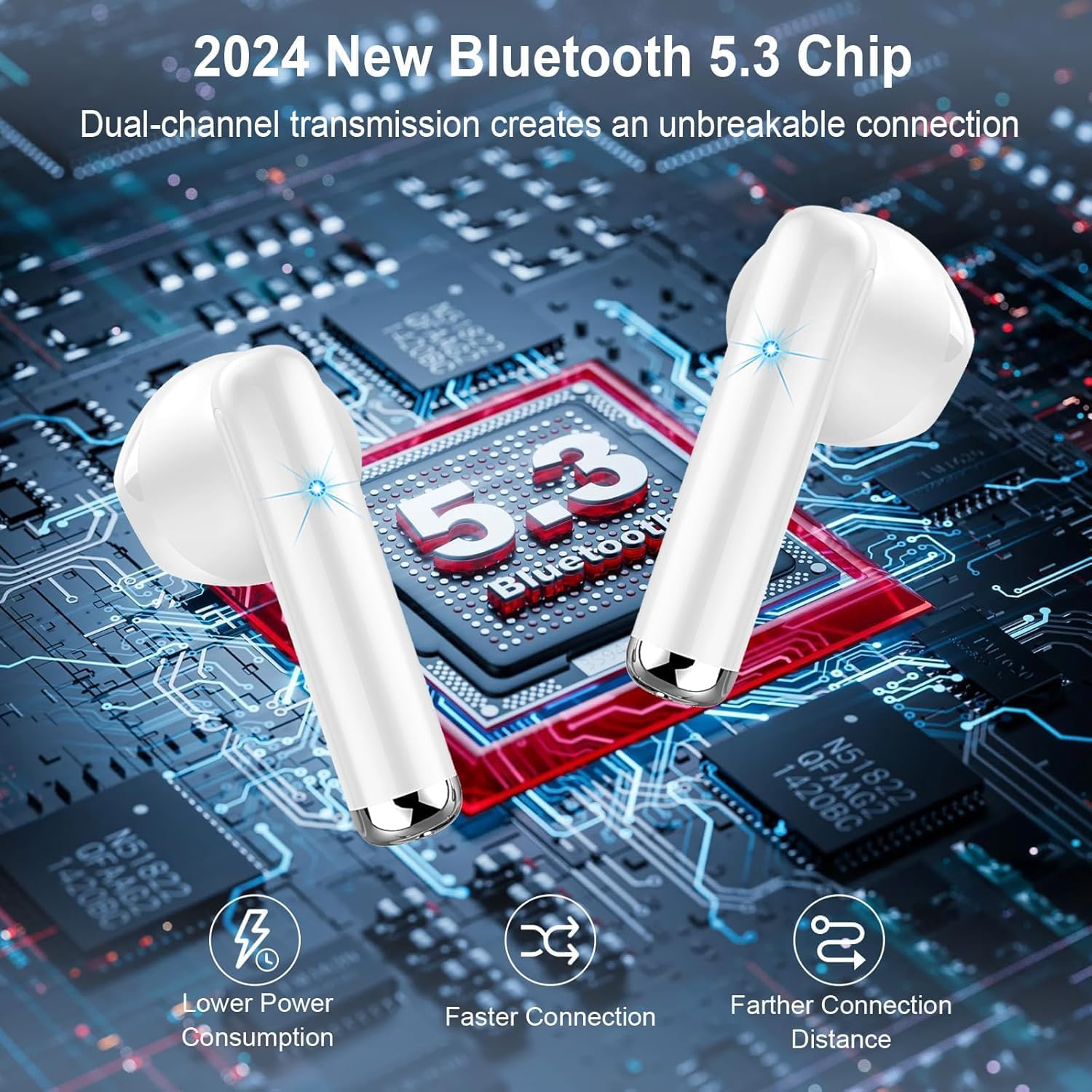Écouteurs Bluetooth sans Fil, Bluetooth 5.3 Intra-Auriculaires Casque avec 4 ENC Réduction Antibruit Mic