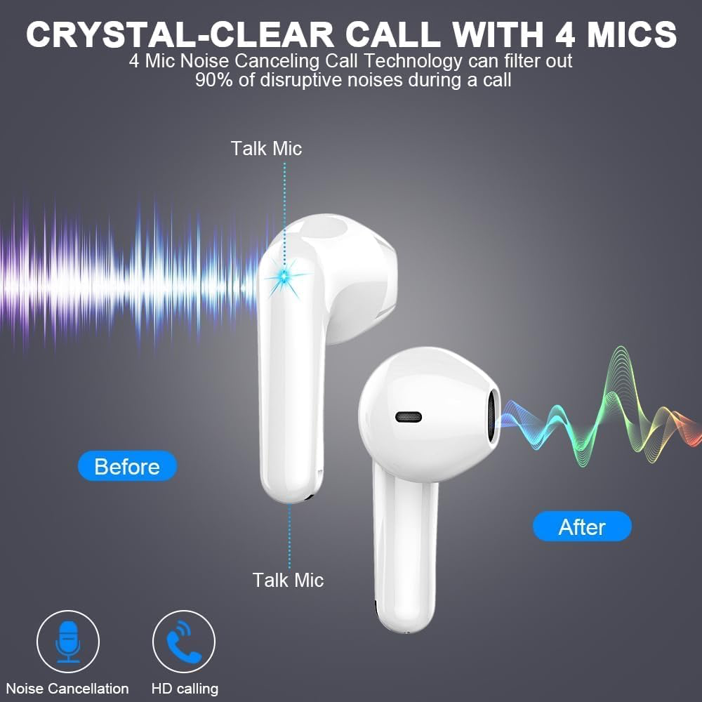 Écouteurs Bluetooth sans Fil, Bluetooth 5.3 Intra-Auriculaires Casque avec 4 ENC Réduction Antibruit Mic