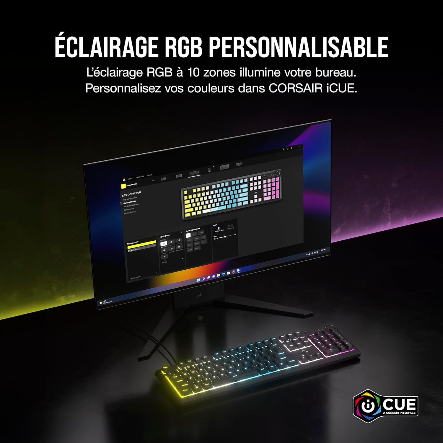 Corsair K55 Core RGB Clavier de Jeu Filaire à Membrane - AZERTY FR