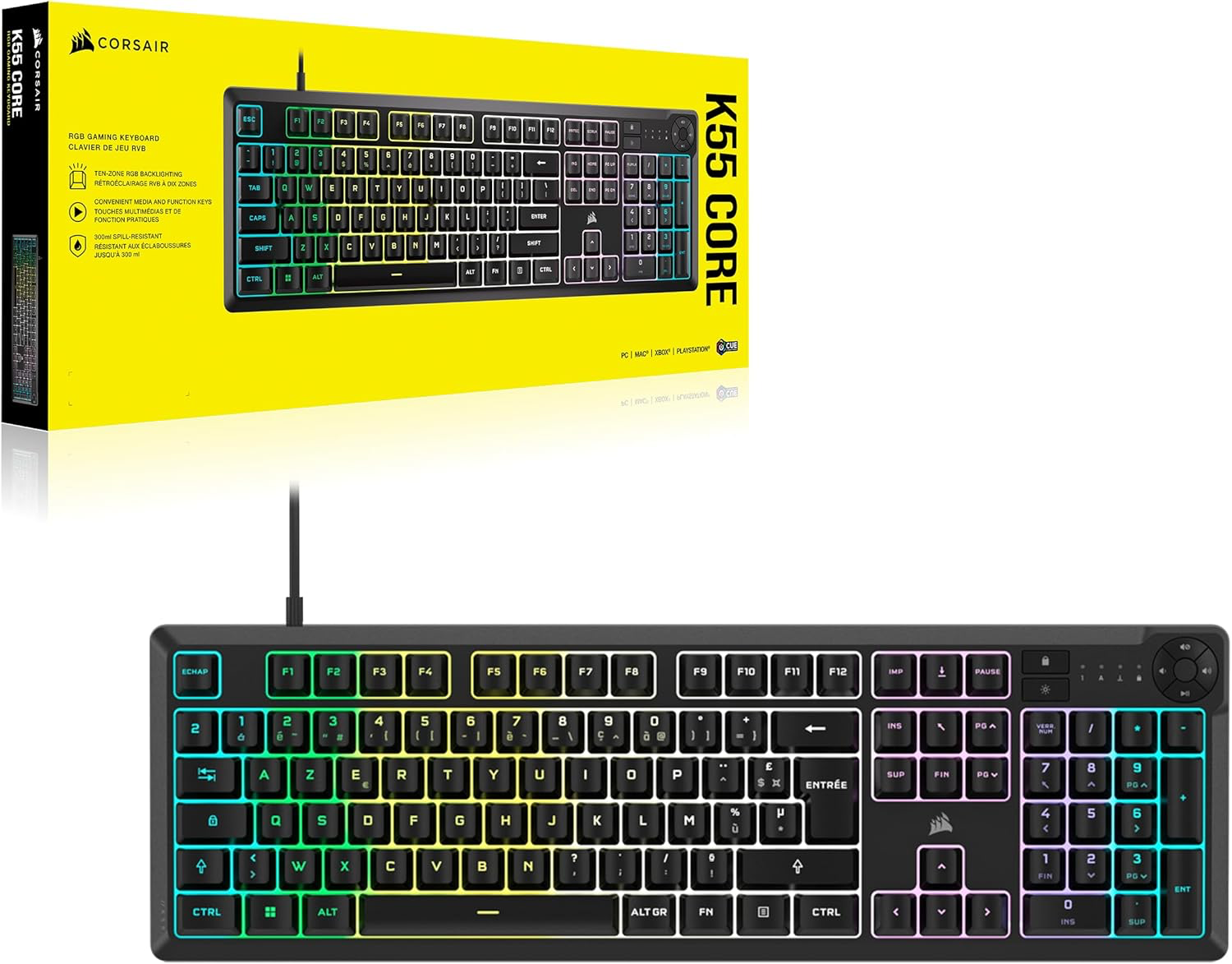 Corsair K55 Core RGB Clavier de Jeu Filaire à Membrane - AZERTY FR
