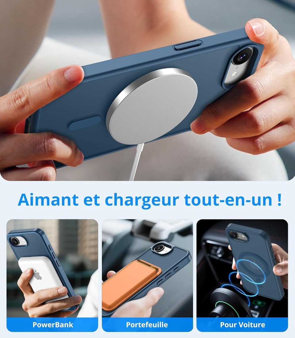 Coque magnétique pour iPhone 16e avec 1 Verre Trempé, Compatible avec MagSafe, Protection Contre Les Chutes de qualité Militaire, Coque Mat Translucide Fine Antichoc