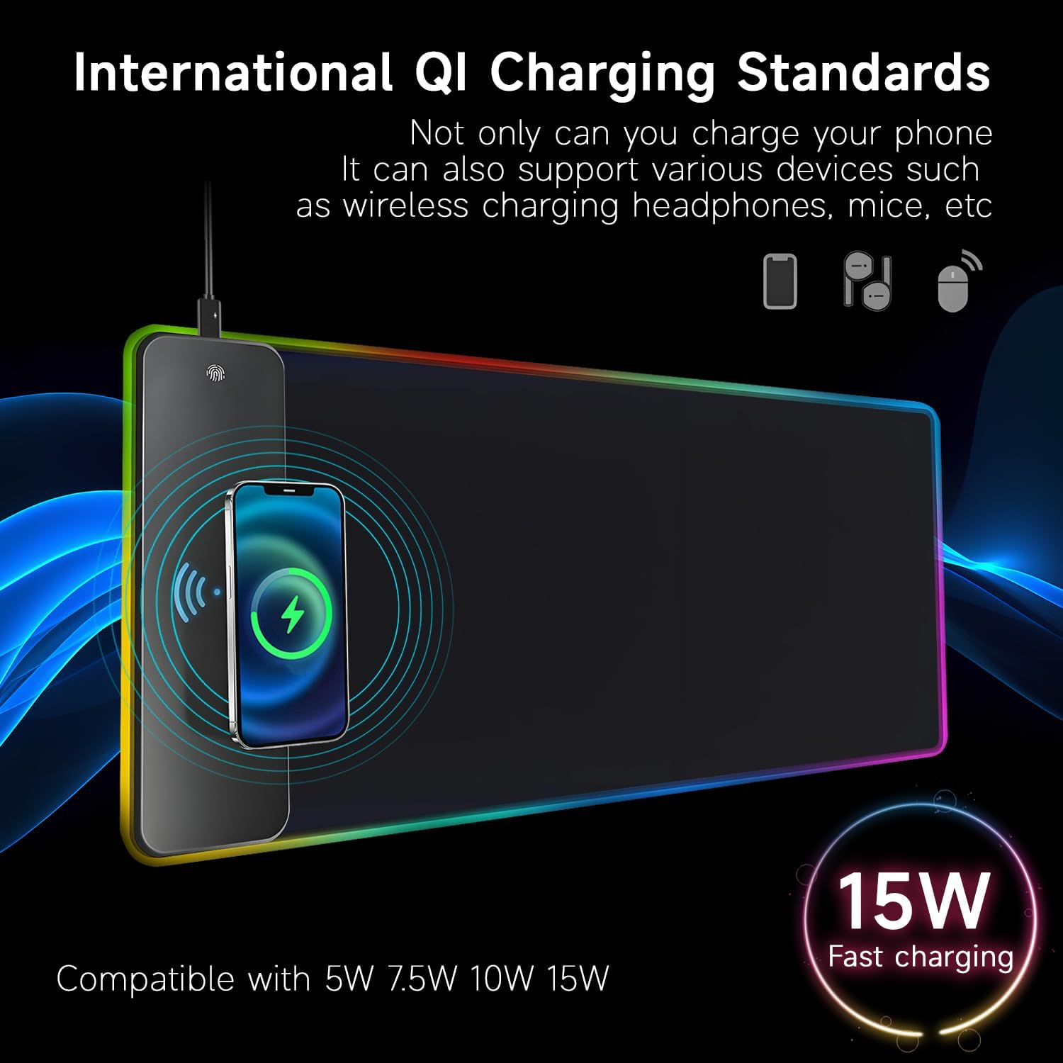 Qumox Tapis de Souris XXL RGB avec Chargeur sans Fil