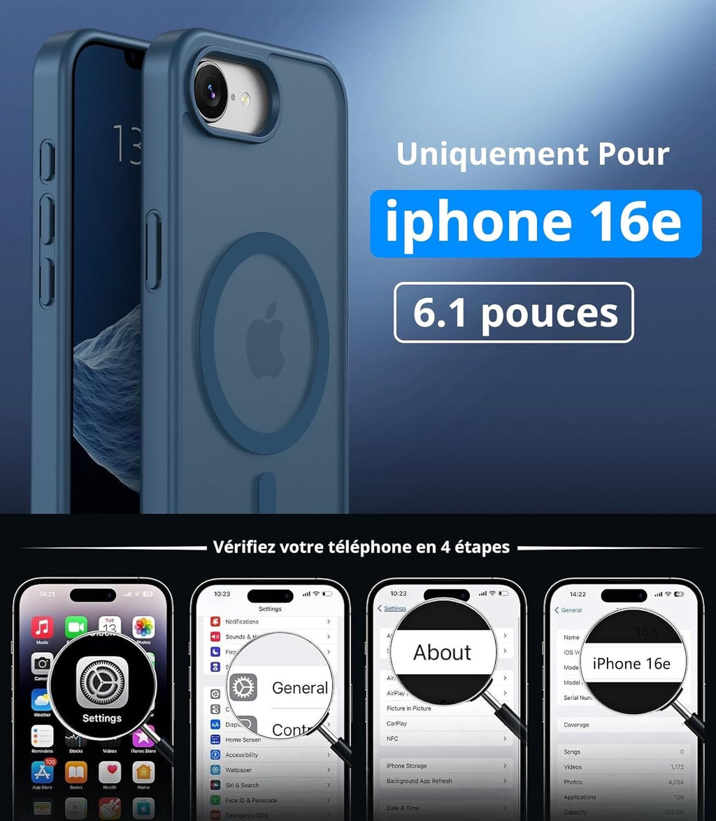 Coque magnétique pour iPhone 16e avec 1 Verre Trempé, Compatible avec MagSafe, Protection Contre Les Chutes de qualité Militaire, Coque Mat Translucide Fine Antichoc