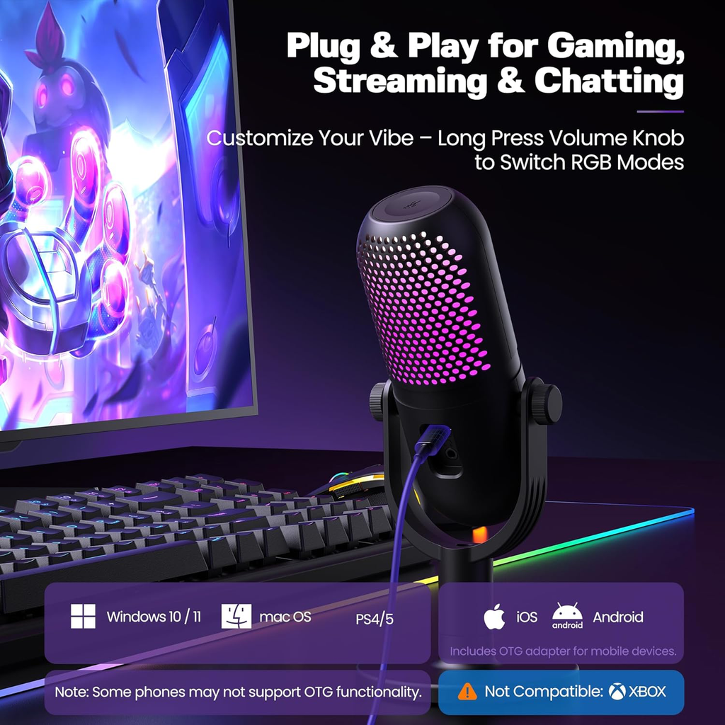 USB Micro Condensateur PC Gaming: Microphone Gamer pour PS4 & PS5 - Bureau Micro RGB
