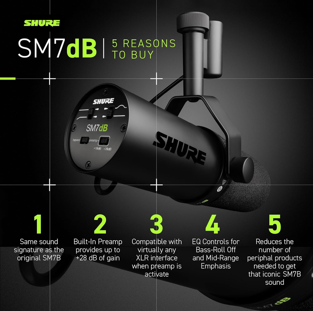 Shure SM7dB Microphone Dynamique pour la Voix avec préampli intégré pour Le Streaming, Le Podcast, et l'enregistrement