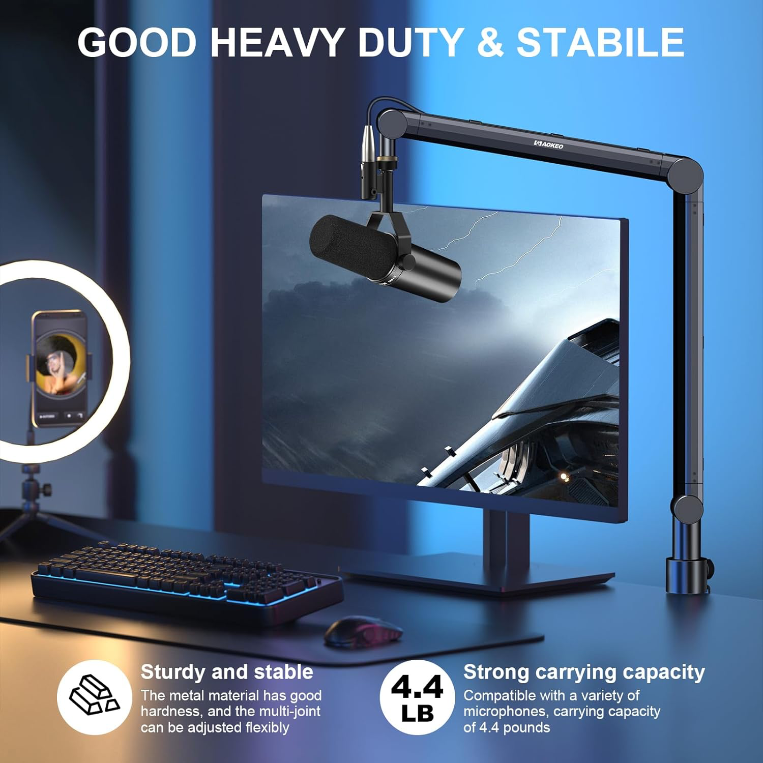 Bras de microphone, Aokeo AK - 48 réglable compact ciseaux bras support pour Shure sm7b Blue Yeti, snowball ice, HyperX quadcast, solocast, elgato Wave et plus encore
