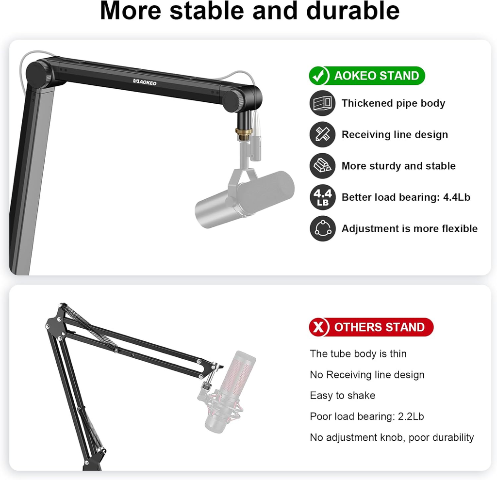 Bras de microphone, Aokeo AK - 48 réglable compact ciseaux bras support pour Shure sm7b Blue Yeti, snowball ice, HyperX quadcast, solocast, elgato Wave et plus encore