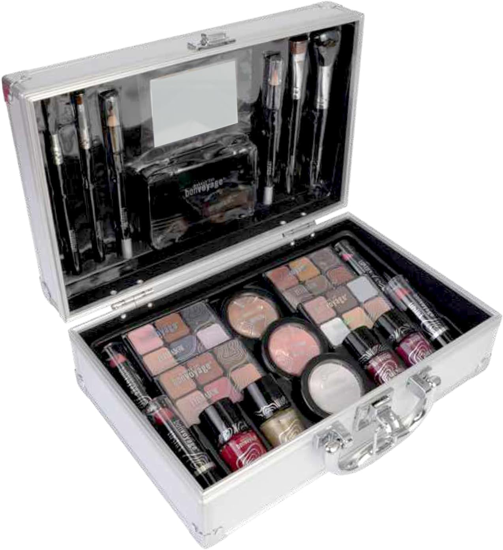 Coffret Maquillage Femme, Inclut Rouge à Lèvres, Ombres à Paupières, Blush, Vernis à Ongles, et Miroir, Mallette Métallique Portable et Légère, Bon Voyage