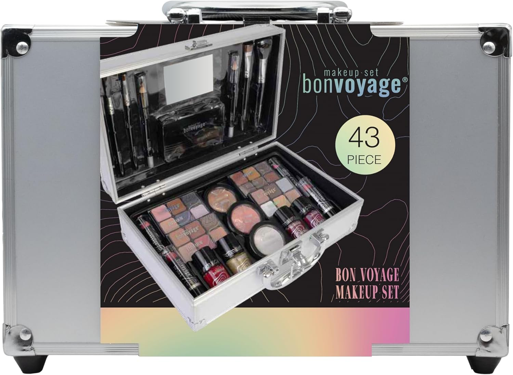 Coffret Maquillage Femme, Inclut Rouge à Lèvres, Ombres à Paupières, Blush, Vernis à Ongles, et Miroir, Mallette Métallique Portable et Légère, Bon Voyage