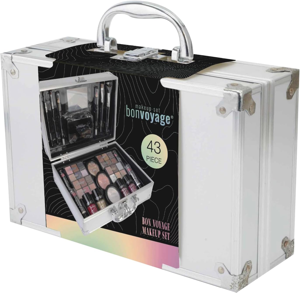 Coffret Maquillage Femme, Inclut Rouge à Lèvres, Ombres à Paupières, Blush, Vernis à Ongles, et Miroir, Mallette Métallique Portable et Légère, Bon Voyage