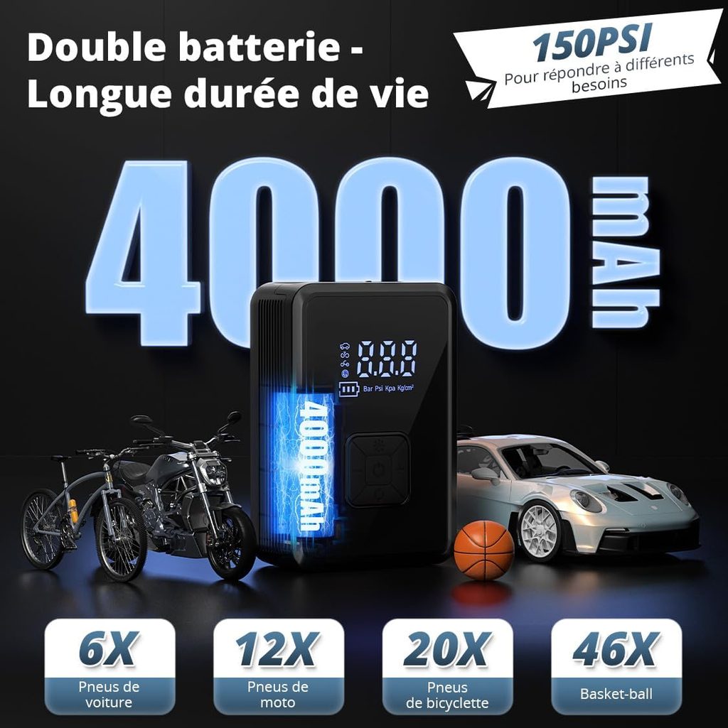 Gonfleur Pneus Voiture sans Fil Mini Compresseur à Air Portatif