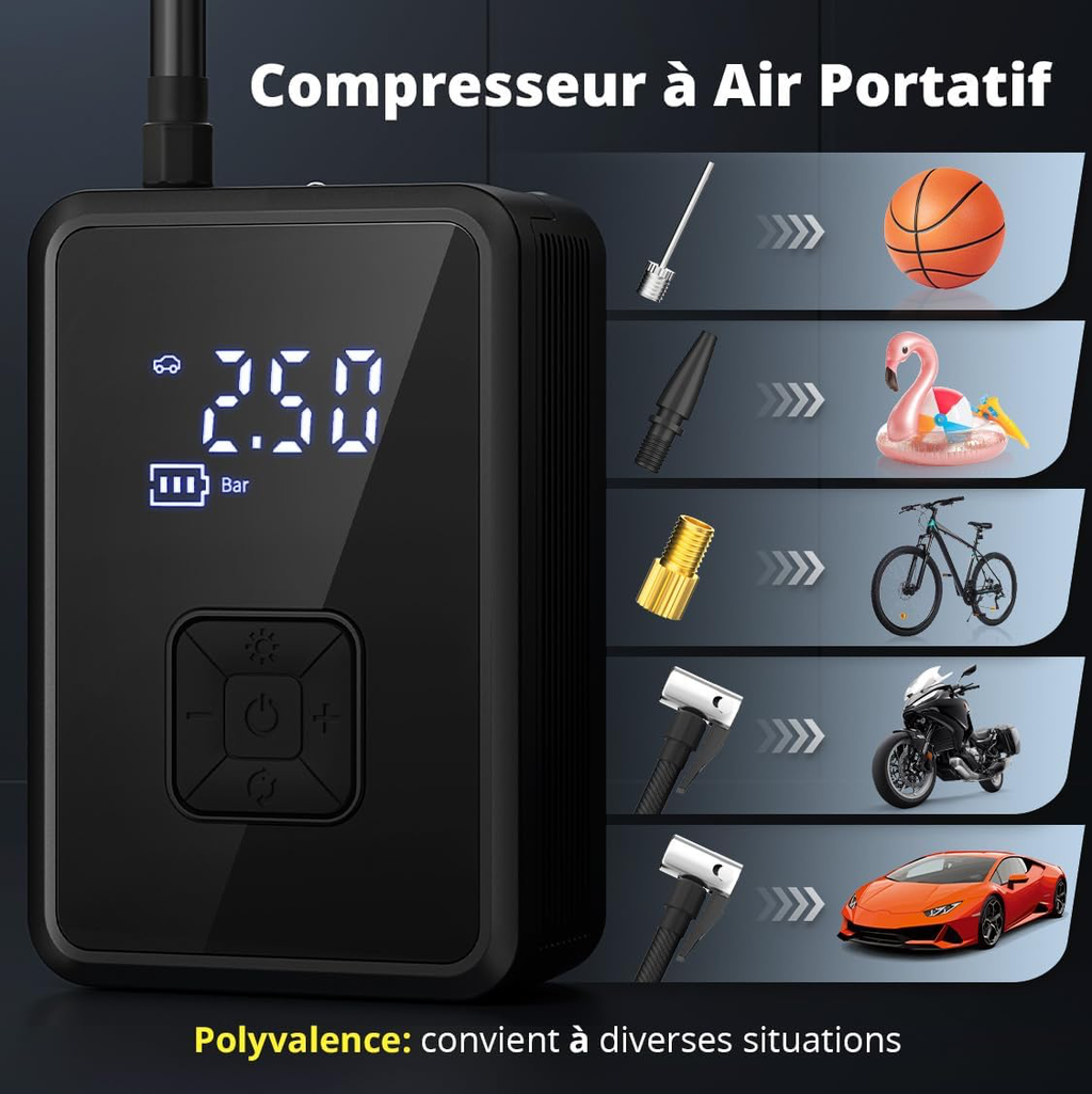 Gonfleur Pneus Voiture sans Fil Mini Compresseur à Air Portatif