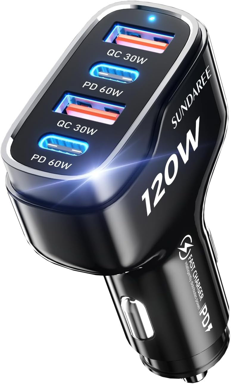 SUNDAREE Chargeur Voiture USB C,120W Multi 4 Port 12V 24V Type C PD QC Charge Rapide Automobile Prise Téléphone