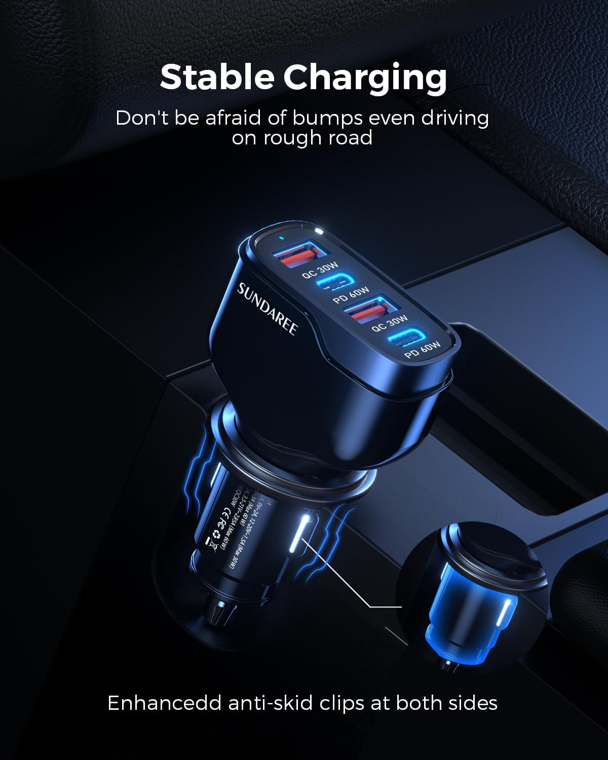 Chargeur Voiture USB C,120W Multi 4 Port 12V 24V Type C PD QC Charge Rapide Automobile Prise Téléphone