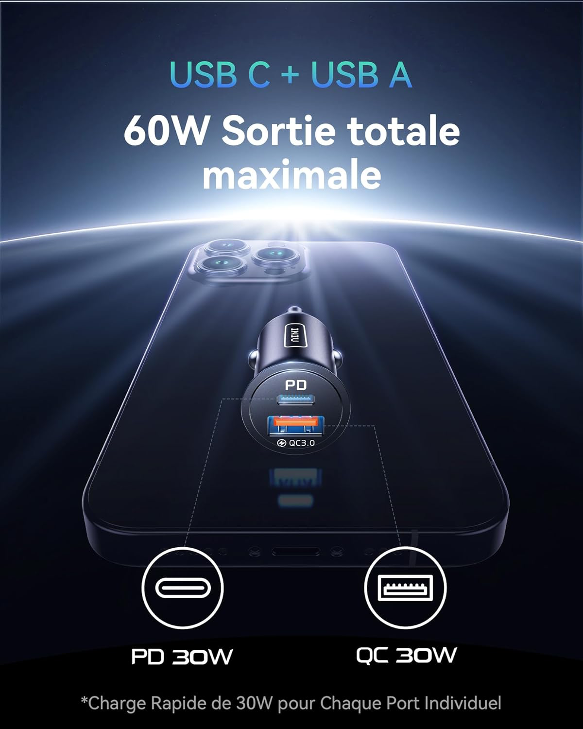 INIU Allume Cigare USB C, 2 Ports 60W Charge Rapide Chargeur Voiture with USB C et A, Prise Allume Cigare 12V