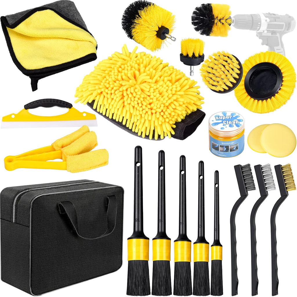 Kit De Nettoyage Voiture - 20 Pièces Intérieur Extérieur - Kit Lavage Voiture Avec Brosses, Éponges Polissage, Gel Nettoyage Plus Encore - Sac Transport