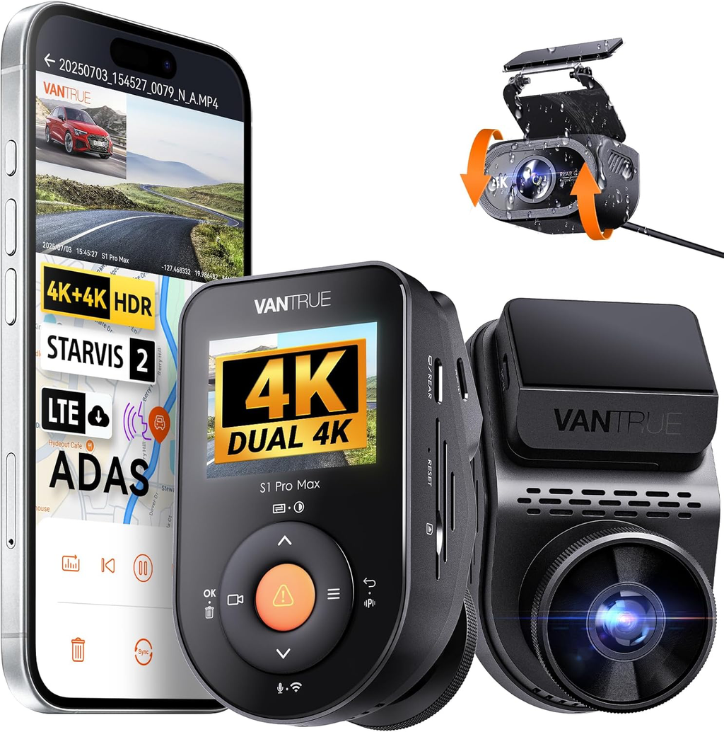 Dashcam Voiture S1 Pro Max 4K+4K Starvis 2 Avant et Arrière, Caméra embarquée 5G Wi-FI Dash Cam GPS 360° HDR Tampon Surveillance de stationnement,Contrôle Vocal Français，LTE en Option Max 1To