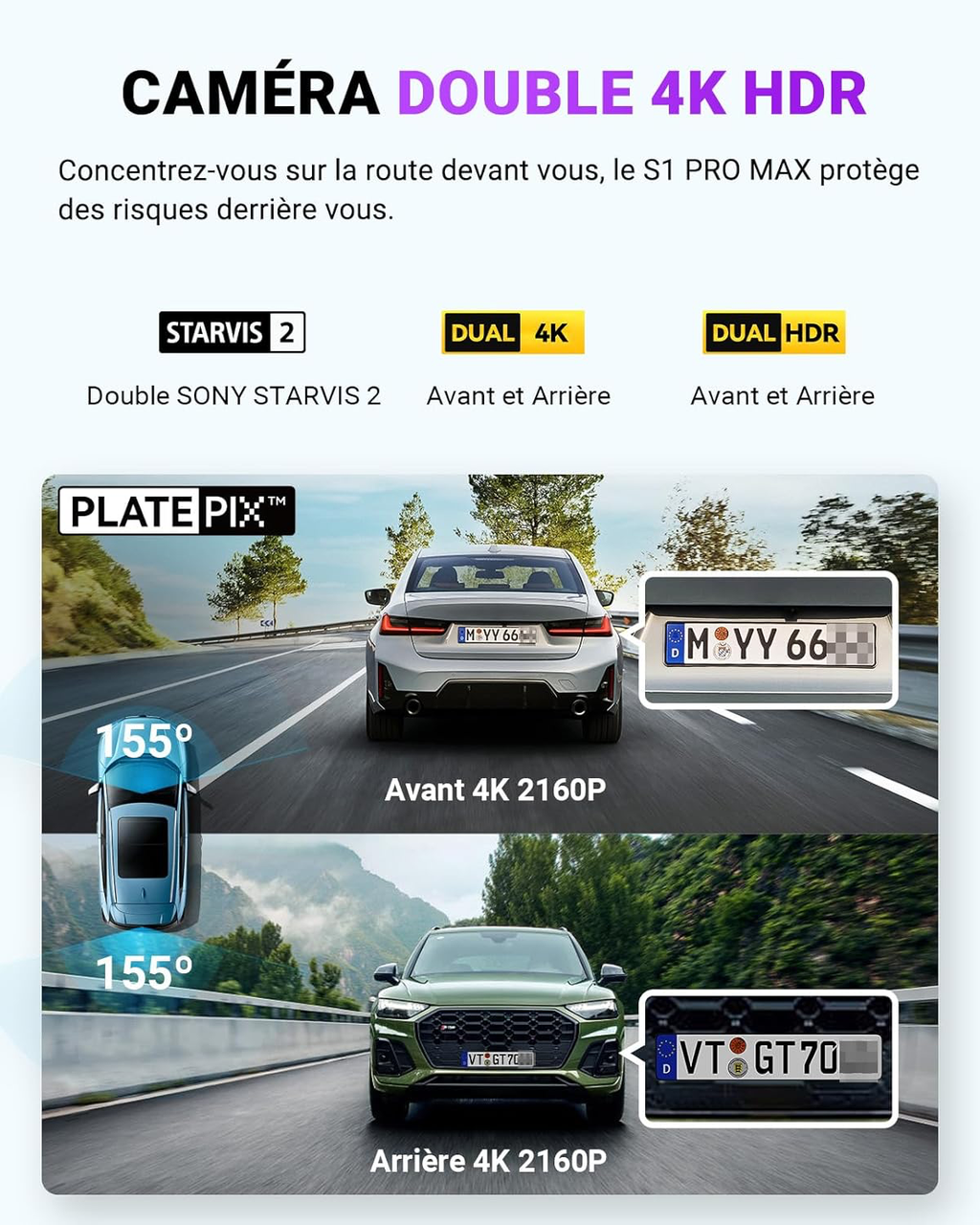 Dashcam Voiture S1 Pro Max 4K+2.5K Starvis 2 Avant et Arrière, Caméra embarquée 5G Wi-FI Dash Cam GPS 360°HDR Tampon Surveillance de stationnement,Contrôle Vocal Français，LTE en Option Max 1To