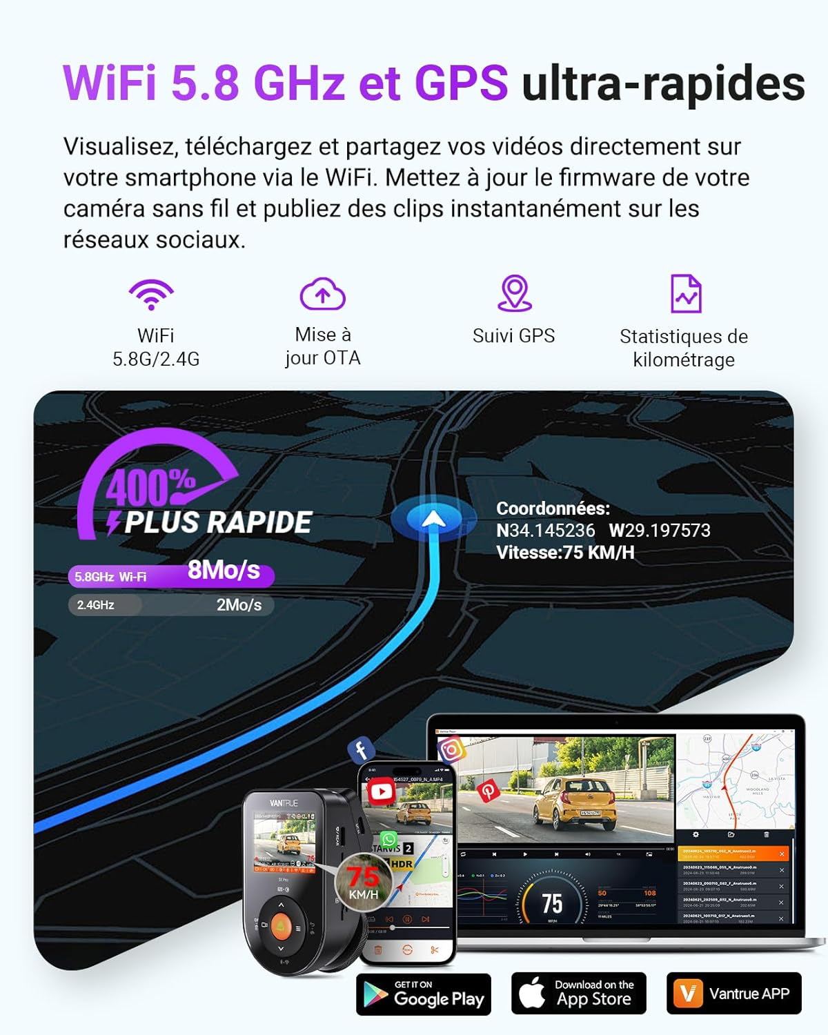 VANTRUE Dashcam Voiture S1 Pro Max 4K+2.5K Starvis 2 Avant et Arrière, Caméra embarquée 5G Wi-FI Dash Cam GPS 360°HDR Tampon Surveillance de stationnement,Contrôle Vocal Français，LTE en Option Max 1To