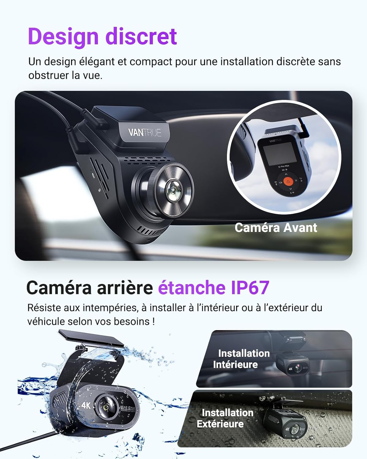 VANTRUE Dashcam Voiture S1 Pro Max 4K+2.5K Starvis 2 Avant et Arrière, Caméra embarquée 5G Wi-FI Dash Cam GPS 360°HDR Tampon Surveillance de stationnement,Contrôle Vocal Français，LTE en Option Max 1To