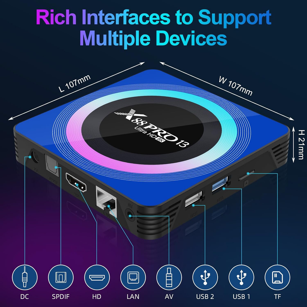 Smart TV Box 2GB RAM 16GB ROM RK3528 Quad-Core 64bit Cortex-A53 GPU Mali 450 MP2, Boitier TV Support 8K Ultra HD WiFi 2.4/5.0GHz