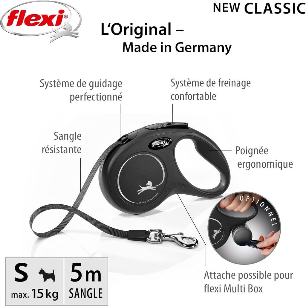 Laisse rétractable à sangle de 5 m pour petits chiens jusqu'à 15 kg | Noir | laisse à enrouleur pour chien | Poids : 200 g | Dimensions : 10 x 16,5 cm