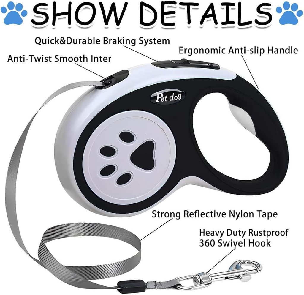 Laisse Chien Enrouleur, Laisse Flexible, Laisse Enrouleur Rétractable, Ruban Solide Anti-enchevêtrement, pour Petits et Moyens Chiens, Chats et Animaux de Compagnie Jusqu'à 20 Kg, 5m